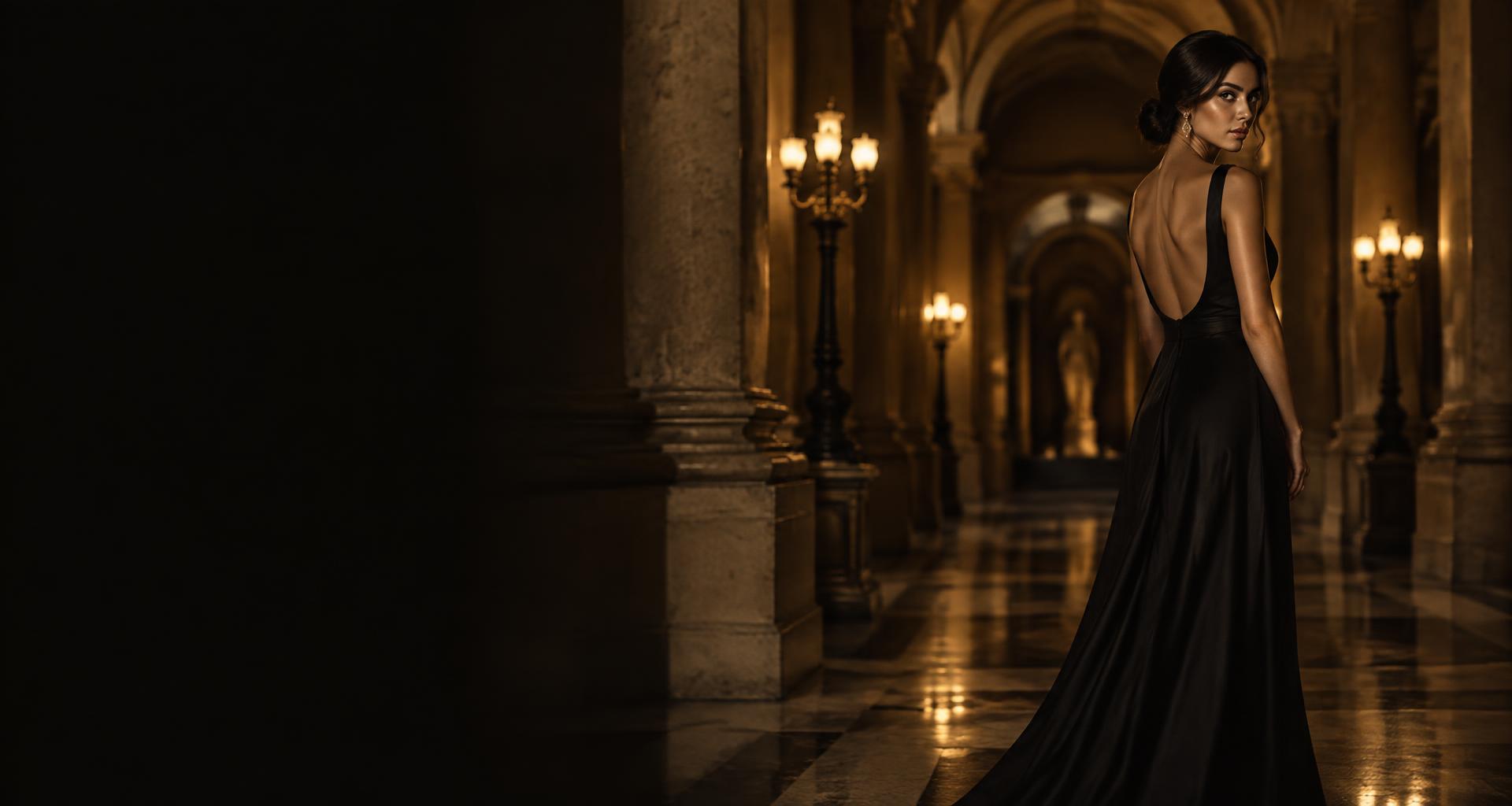 Modella in abito nero in un palazzo storico